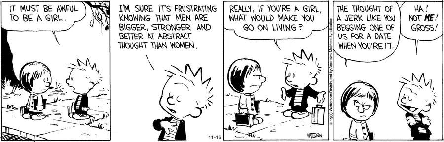 Calvinn_Hobbes's tweet image. Calvin’s take on gender equality… needs some serious work.🤣
#CalvinandHobbes #90sComics #ThrowbackHumor