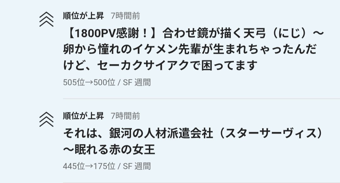 syuca9's tweet image. 今日のカクヨムさん
合わせ鏡が描く天弓
 #カクヨム恋愛小説大賞ナツガタリ25
 #涙が止まらないアオハルな恋部門
16位で選考中
kakuyomu.jp/works/16818792…
スターサーヴィス
  #GAウェブ小説コンテスト 
今、SF部門29位…
くううー!完結ブースト来い!
kakuyomu.jp/works/16818792…