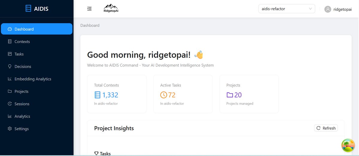 RidgetopAI's tweet photo. Local semantic memory/project tracker/task tracker #AIDIS Bad name - good tool! https://t.co/iDNpnzQAjK