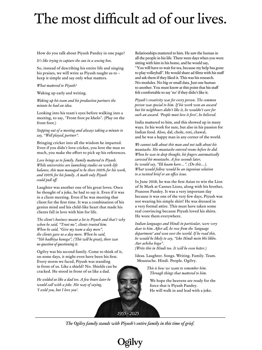 YeDesHaiMera's tweet photo. What a beautiful tribute to Shri Piyush Pandey ji by Ogilvy. Simple yet moving: telling of his mentorship. Authenticity was all that he breathed. An alum of the University of Delhi, he truly set aglow the spirit of Nishtha, Dhriti, Satyam. Well played, Piyush ji, what a knock! @UnivofDelhi @Ogilvy