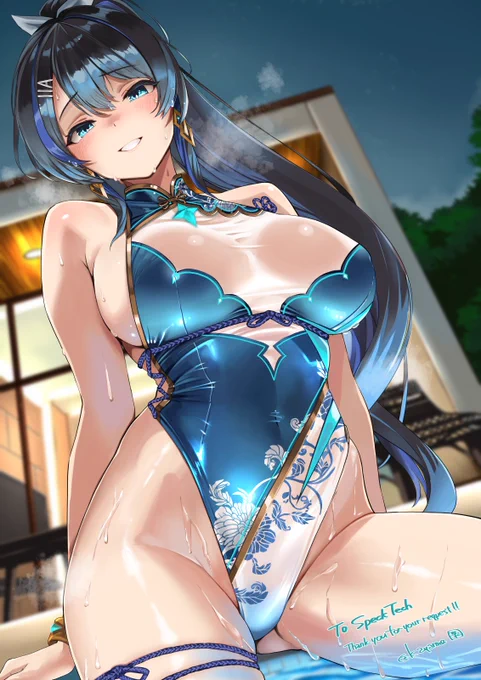 おskebにてSpeckTech()さんからのご依頼で、OCアリッサちゃんのチャイナ風水着デザインをさせて頂きました。こっちはデザインさせていただいた水着での一枚絵