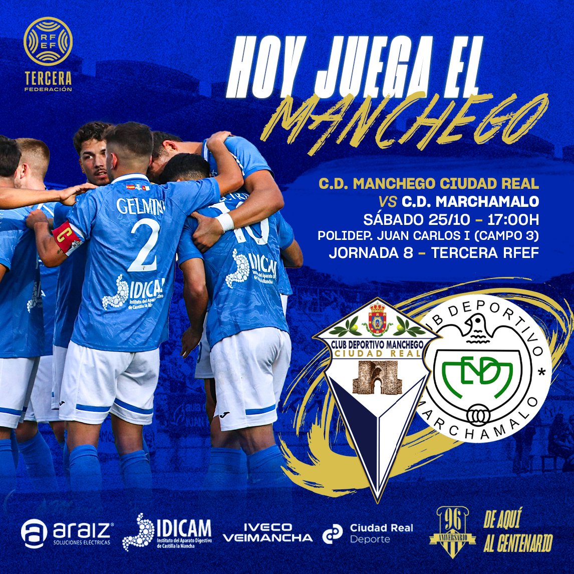 🔵HOY JUEGA EL MANCHEGO⚪️

🆚 <a href="/CD_Marchamalo/">CD Marchamalo</a> 
🗓 Sábado 25/10
⏰ 17:00h
🏟 Polideportivo Juan Carlos I (Campo 3)
🏆 Tercera RFEF - Grupo XVIII

#SomosCLM #FútbolCLM #CiudadReal

<a href="/FFCM_es/">FFCM</a> <a href="/rfef/">RFEF</a>

#AupaManchego 💙🤍