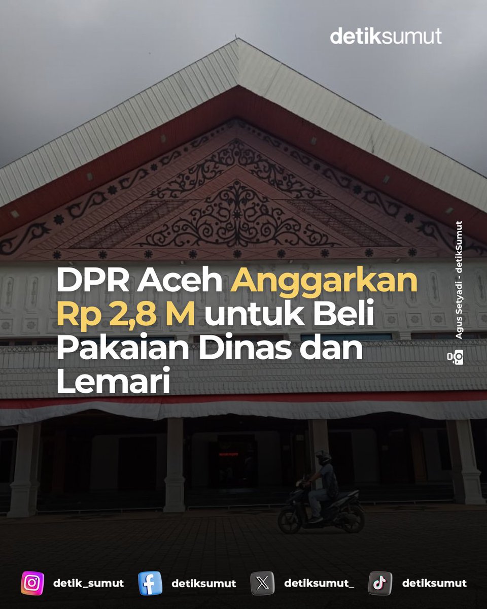 detiksumut_'s tweet photo. HARGANYA SELANGIT
DPR Aceh menganggarkan Rp 2,8 miliar untuk membeli beberapa jenis pakaian serta lemari. Pengadaan itu dilakukan dalam beberapa paket pekerjaan.
#DPRAceh #PengadaanPakaian #DPRA #APBA https://t.co/9coSwwyQUl