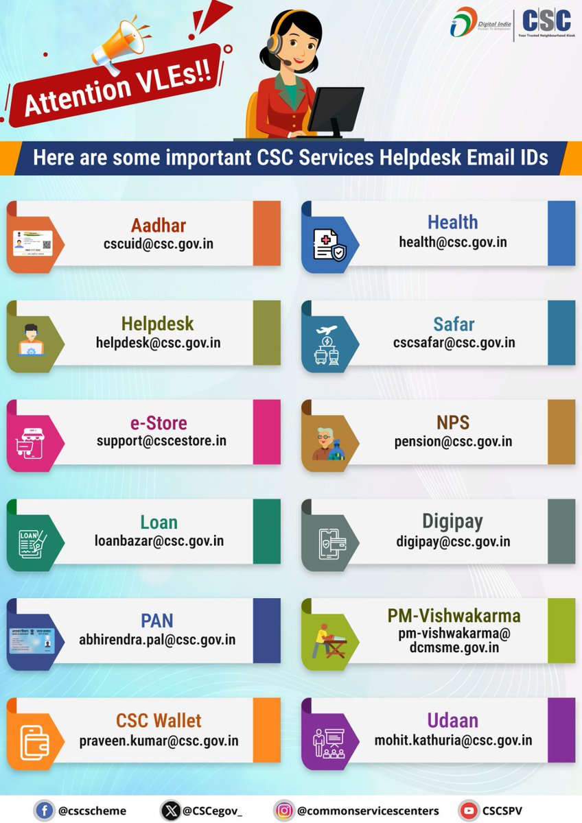 CSCegov_'s tweet image. 📢 Attention VLEs
Please find below a list of important #CSC Services Helpdesk Email IDs.
For any queries related to specific services, you are requested to reach out to the respective helpdesk email ID mentioned.
Stay connected and get your issues resolved quickly through the…