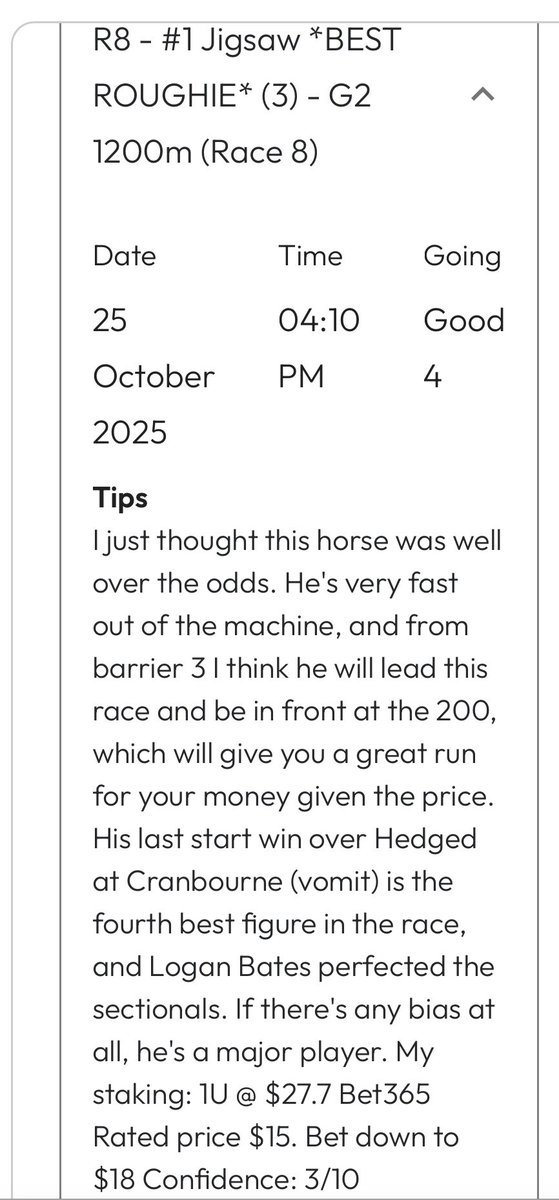 TheSixthDayRacing (@sixthdayracing) on Twitter photo Best roughie home on Cox Plate Day!
#Jigsaw 🧩 Best roughie home on Cox Plate Day!
#Jigsaw 🧩