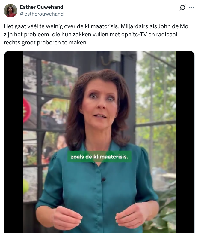 Nu de gewone Gazanen door Hamas geterroriseerd, gemarteld en geëxecuteerd worden, is de <a href="/PartijvdDieren/">Partij voor de Dieren</a> ineens weer alleen nog maar bezorgd om het klimaat. SCHAAMTELOOS.

Ik zeg dit als inmiddels totaal verweesdlinkse vegetariër met grote zorgen om biodiversiteit.