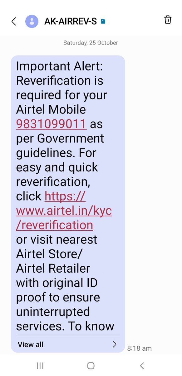 gupta_subhra's tweet photo. @airtelindia stop sending notice for KYC re-verification. Your system approved KYC re-verification for 9831099011 through App on 10:56am 12 October 2025. RV000142064K is the Unique Reference ID. Go with your records. Kind attn. @JM_Scindia @Officejmscindia @DoT_India https://t.co/ySArxU5EFg