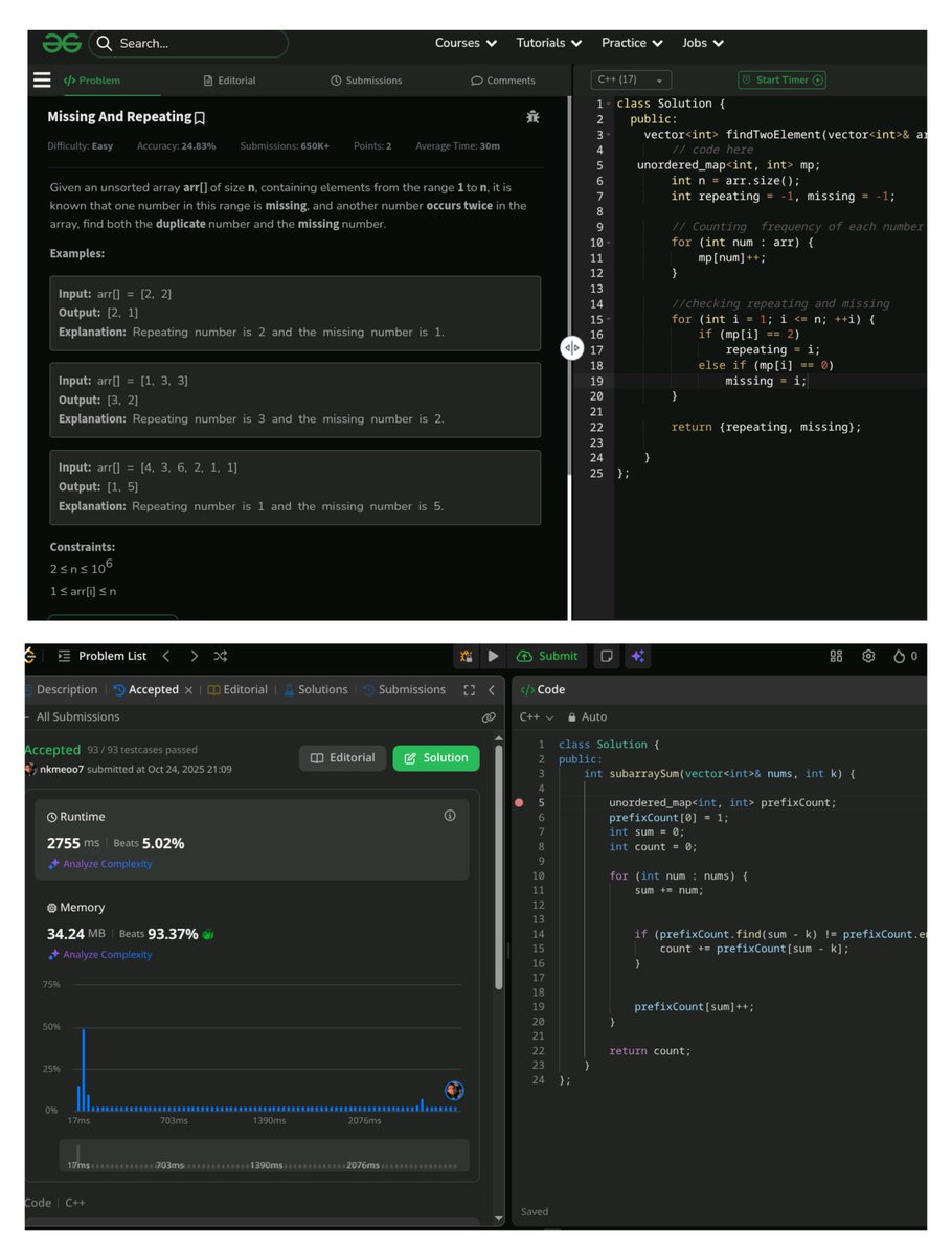 nitinkumaroo7's tweet image. Day 33/90:-#100DaysOfCode
Solved  Dsa problem with @ShivxKhetan from striver sheet
-subarray sum equal k
-missing and Repeating 
Moved forward in my college lectures of nptel
#buildinpublic #100DayChallenge