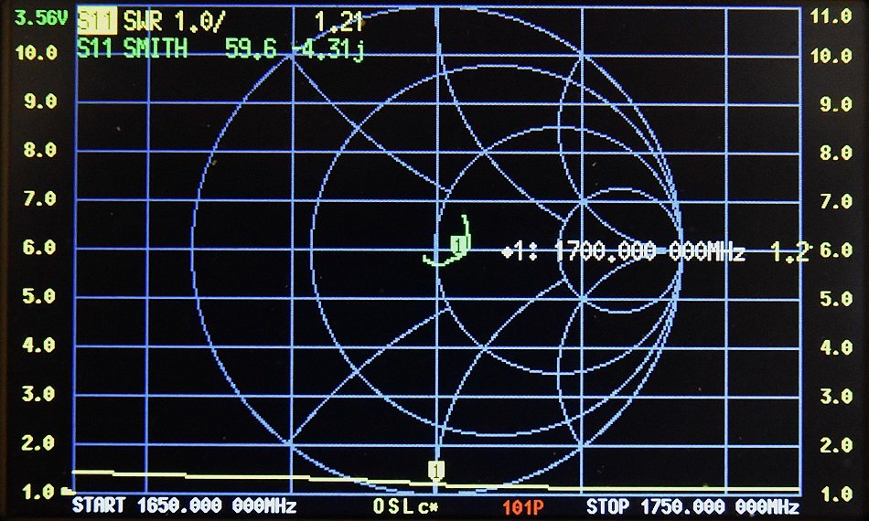 1.7Ghz Dish helical focal antenna test.

NanoVNA SWR and Smith Chart results, showing the SWR being below 1.5:1 from 1.65GHz to 1.75GHz and an impedance of 59.6 -4.3j at 1.70GHz. 
64.3 +0j at 1.6912Ghz indicating resonance. 

vk6ysf.com/1.7ghz_dish_an…

#goes #weathersatellite