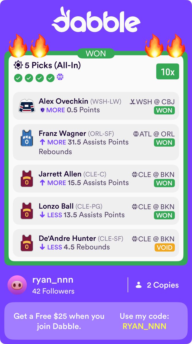 GreatValue25's tweet image. Thank you @prop_professor 😘
Cashed a bunch of dabble slips ✅
Code “GREATVALUE” for 25% off 
#GamblingX #SportsBettingX 
#Dabble #NBA #NFL #MLB #NHL