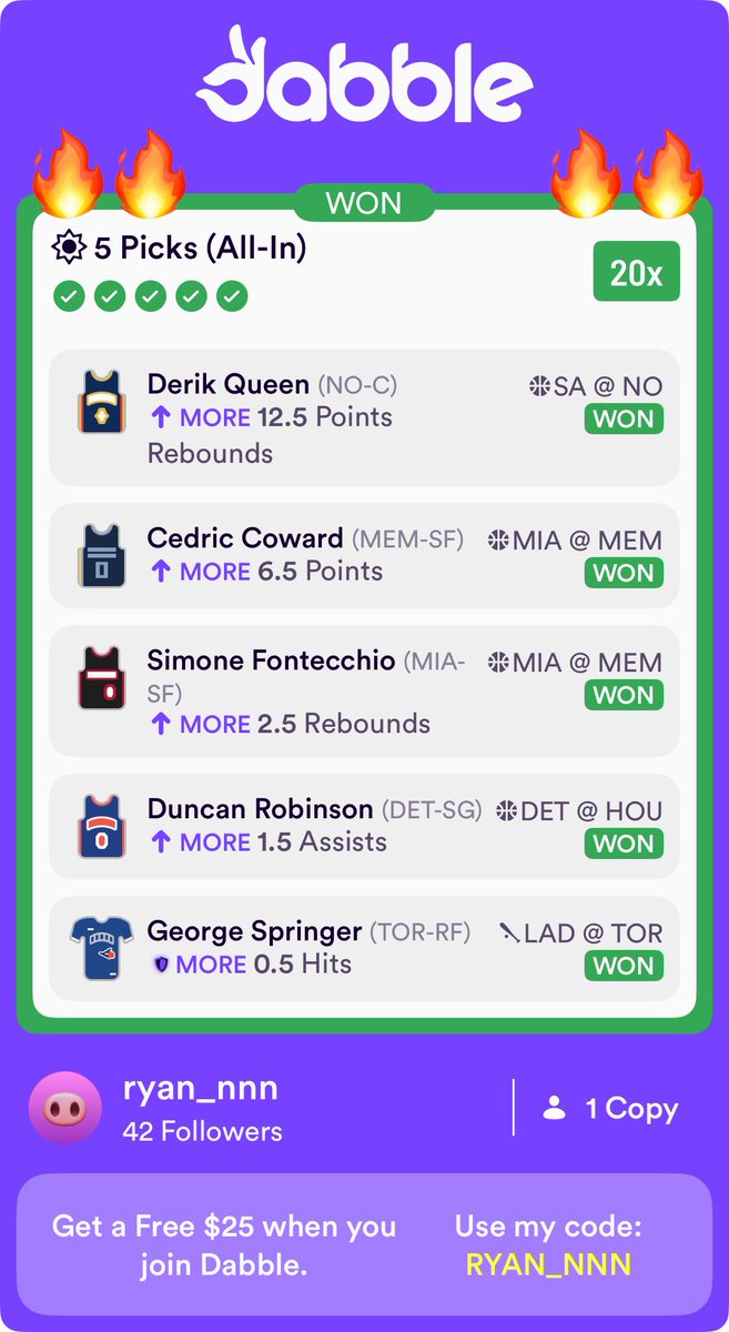 GreatValue25's tweet image. Thank you @prop_professor 😘
Cashed a bunch of dabble slips ✅
Code “GREATVALUE” for 25% off 
#GamblingX #SportsBettingX 
#Dabble #NBA #NFL #MLB #NHL