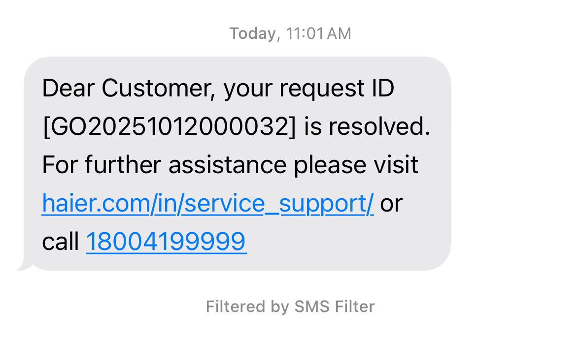 SurajNandrekar's tweet photo. @IndiaHaier Another shameful message by @IndiaHaier the service centre says issue resolved. Intact a executive Vishal called up to say we will resolve it soon as no part is available for refrigerator. Worse and shameful. https://t.co/3VljJkfmjp
