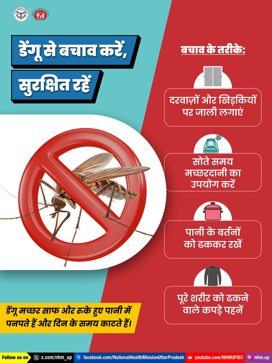 nhm_up's tweet image. 🦟 डेंगू के मच्छर खतरनाक होते हैं, क्योंकि ये साफ और रुके हुए पानी में पनपते हैं। इससे बचाव के लिए कुछ महत्वपूर्ण बातों का विशेष ध्यान रखें और अपने परिवार की सुरक्षा सुनिश्चित करें। 🌿
Health | Awareness | Protection | Cleanliness | Safety
#DenguePrevention #StaySafe