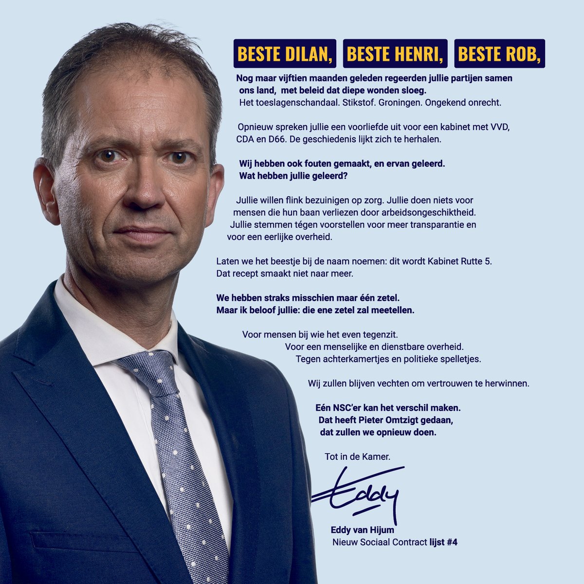 Vandaag in de krant een brief aan het CDA, D66 en VVD. Kabinet Rutte 5 lijkt zich af te tekenen. Een vervolg op kabinetten Rutte die wonden in de samenleving achter lieten. NSC zal de macht blijven controleren. Tot in de Kamer.

Lees meer: partijnieuwsociaalcontract.nl/nieuws/brief-a…