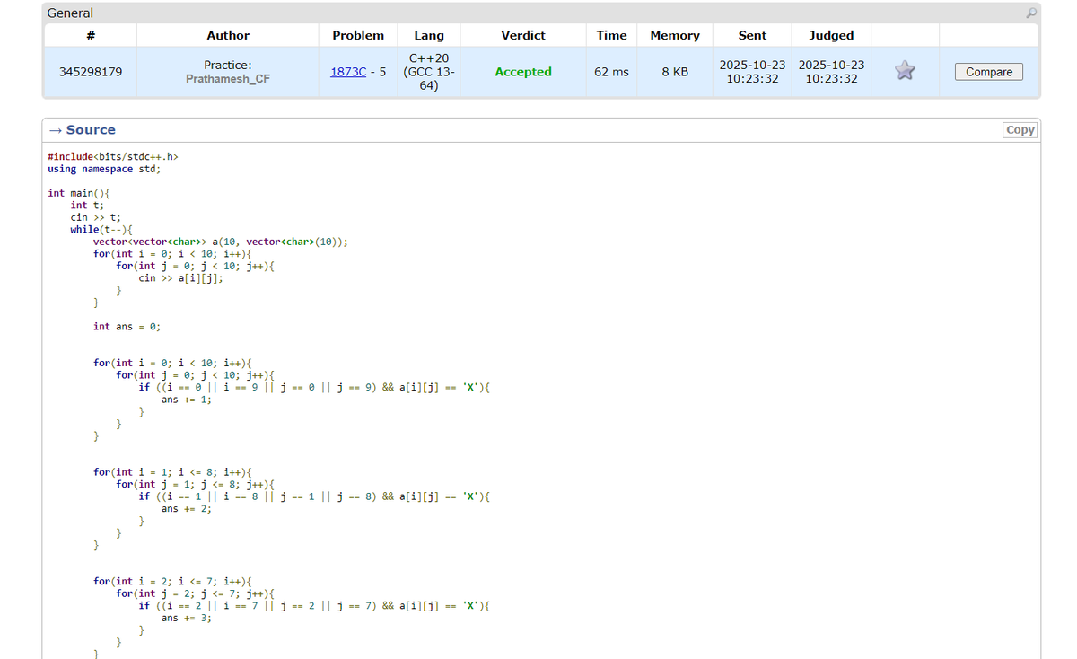 PrathameshJan20's tweet image. Day 3 of #100DaysOfCode
Cp31 Sheet Codeforces
Rating : 800
10. Target Practice
Used Separate loops for each ring.
Easy..
Link:
codeforces.com/problemset/pro…
 #Codeforces #DSA #LearnInPublic #CodingJourney #LeetCode