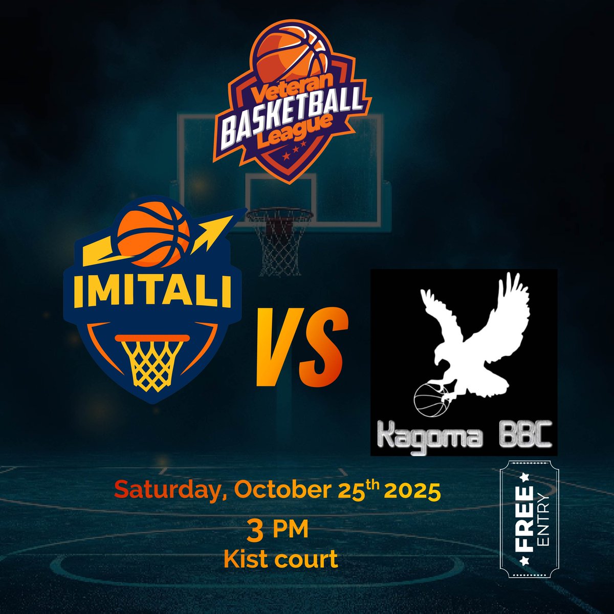 Rwanda_Vbl's tweet photo. 🏀 Saturday – Oct 25, 2025

It’s game day in the #VeteransBasketballLeague!
🔥 CHAOS vs K. Bulls – 13:00 @ Impano Recreation Center
🔥 IMITALI vs Kagoma – 15:00 @ KIST Court
💥 Don’t miss the action — bring the energy &amp; support your team!
#VBL2025 #BasketballRwanda #GameDay https://t.co/sjyZyDuXtk