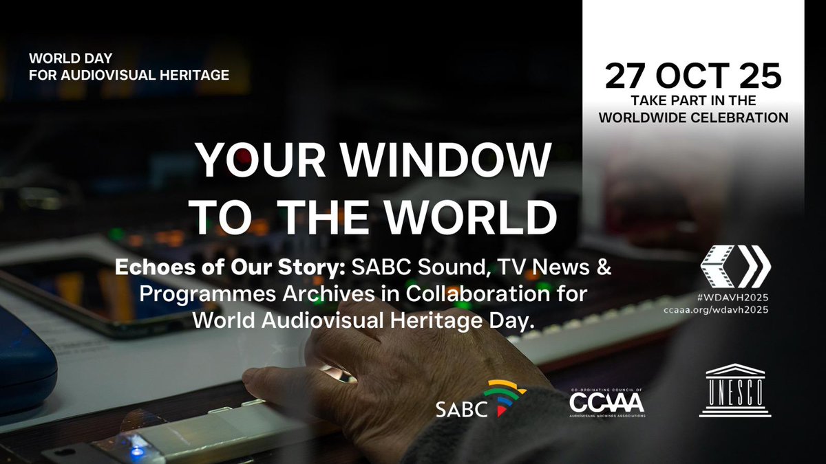 The SABC Sound Archives, TV News &amp; Programmes Archives will commemorate the 20th anniversary of the World Day for Audiovisual Heritage on 27 Oct 2025, echoing our stories as broadcasted and told, while raising awareness on the of protecting audiovisual materials for future. 🎙️📺