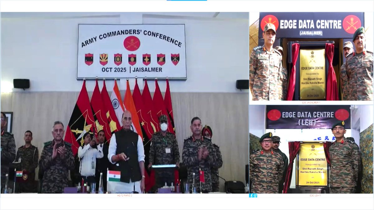 JaiHindForever1's tweet photo. माननीय रक्षा मंत्री श्री राजनाथ सिंह ने जैसलमेर में आयोजित आर्मी कमांडर्स कॉन्फ्रेंस #ACC के दौरान कई महत्वपूर्ण डिजिटल और कल्याण संबंधी पहलों का उद्घाटन किया, जो भारतीय सेना के #DecadeofTransformation के विज़न को मजबूत करती हैं।
#IndianArmy
#YearofTechAbsorption
@DefenceMinIndia https://t.co/NI0Rm0YvHd