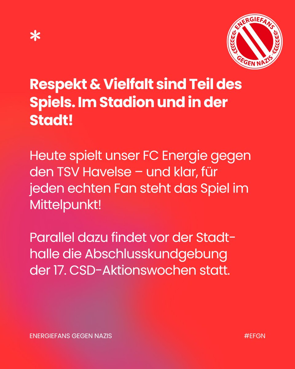 energiefans's tweet photo. #Energie steht für Zusammenhalt – auf dem Platz, auf den Rängen und in unserer Stadt #Cottbus.
Und egal, wo wir an diesem Tag stehen: Wir stehen mit dem #Herzen bei allen, die für #Respekt, #Freiheit und #Solidarität eintreten.
#EFGN #CSDCottbus #Wir https://t.co/YxaDUN2ZrV