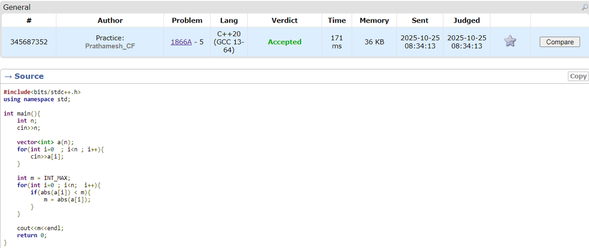 PrathameshJan20's tweet image. 11. Ambitious Kid
Rating : 800
Return the Integer closest to 0 ...
Try it :
codeforces.com/problemset/pro…
#Codeforces #DSA #LearnInPublic #CodingJourney #LeetCode #100DaysOfCode