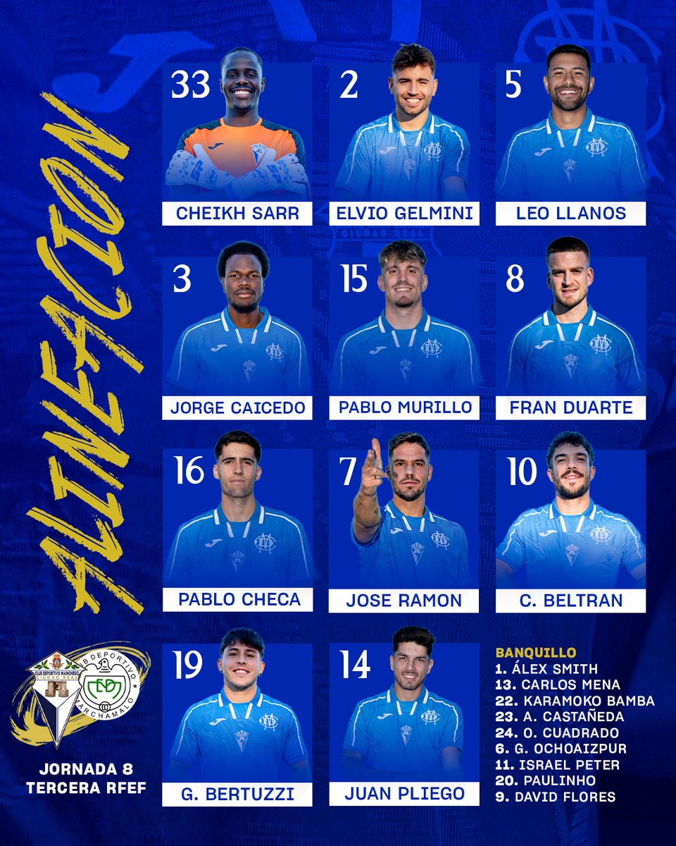 🔵 ALINEACIÓN - JORNADA 8 ⚪️

🆚 @cd_marchamalo
🗓 Sábado 25/10
⏰ 17:00h
🏟 Polideportivo Juan Carlos I (Campo 3)
🏆 Tercera RFEF - Grupo XVIII

#SomosCLM #FútbolCLM #CiudadReal

<a href="/FFCM_es/">FFCM</a> <a href="/rfef/">RFEF</a>

#AupaManchego 💙🤍