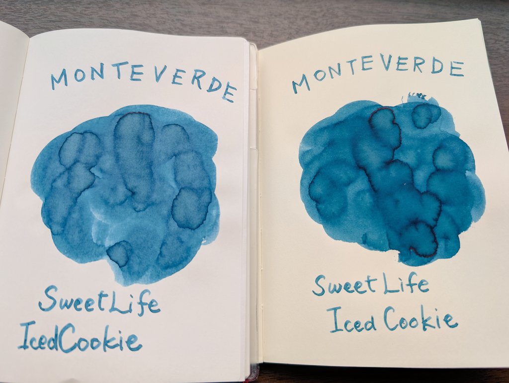 #万年筆インク
モンテベルデ
スイートライフシリーズ
アイシングクッキー

青色のクッキーとはアメリカらしいですね。粉っぽささえ感じるくすみ具合いがなかなかで、ハロウィンに似合う気がします。
トモエリバー白(左)もMDペーパークリーム色(右)もほぼ同色。MDの方が少しだけ緑みがあるかな。