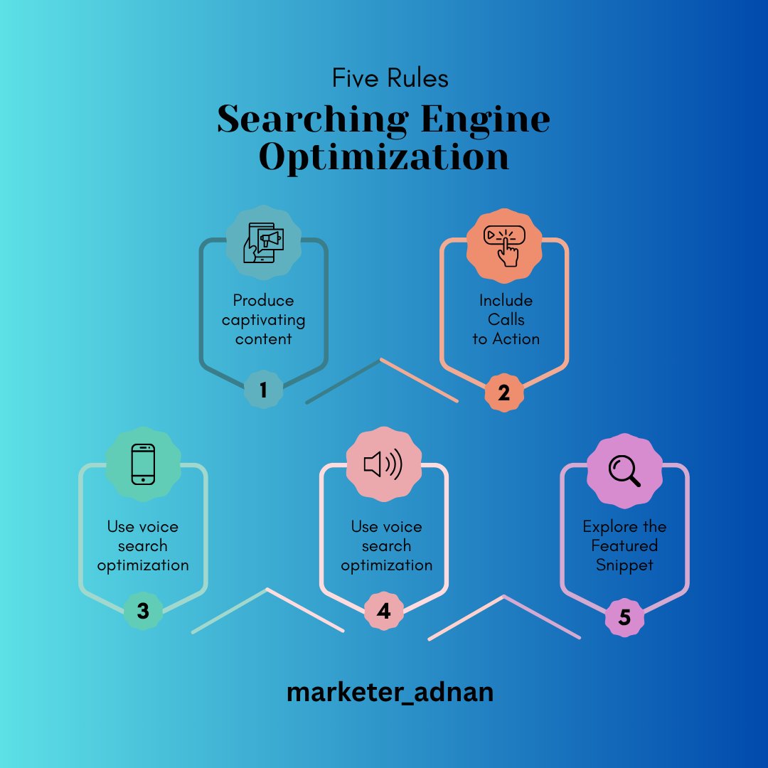 marketing_adnan's tweet image. Unlocking the SEO secrets. These 'Five Rules' cover everything from core Search Engine Optimization to powerful Calls-to-Action that help you secure those coveted Featured Snippets. Master the fundamentals and climb the ranks 📈
#SEO #SEOTips #SearchEngineOptimization