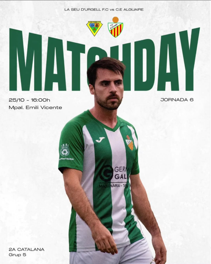 CE Alguaire (@alguairece) on Twitter photo Bon dia!!
Avui ens desplacem a la capital de l'Alt Urgell, per disputar la 6a jornada de lliga.
Volem continuar amb la dinàmica ascendent que portem, i guanyar la confiança que ens cal per seguir creixent.
AMUNT ALGUAIRE!!!!! Bon dia!!
Avui ens desplacem a la capital de l'Alt Urgell, per disputar la 6a jornada de lliga.
Volem continuar amb la dinàmica ascendent que portem, i guanyar la confiança que ens cal per seguir creixent.
AMUNT ALGUAIRE!!!!!