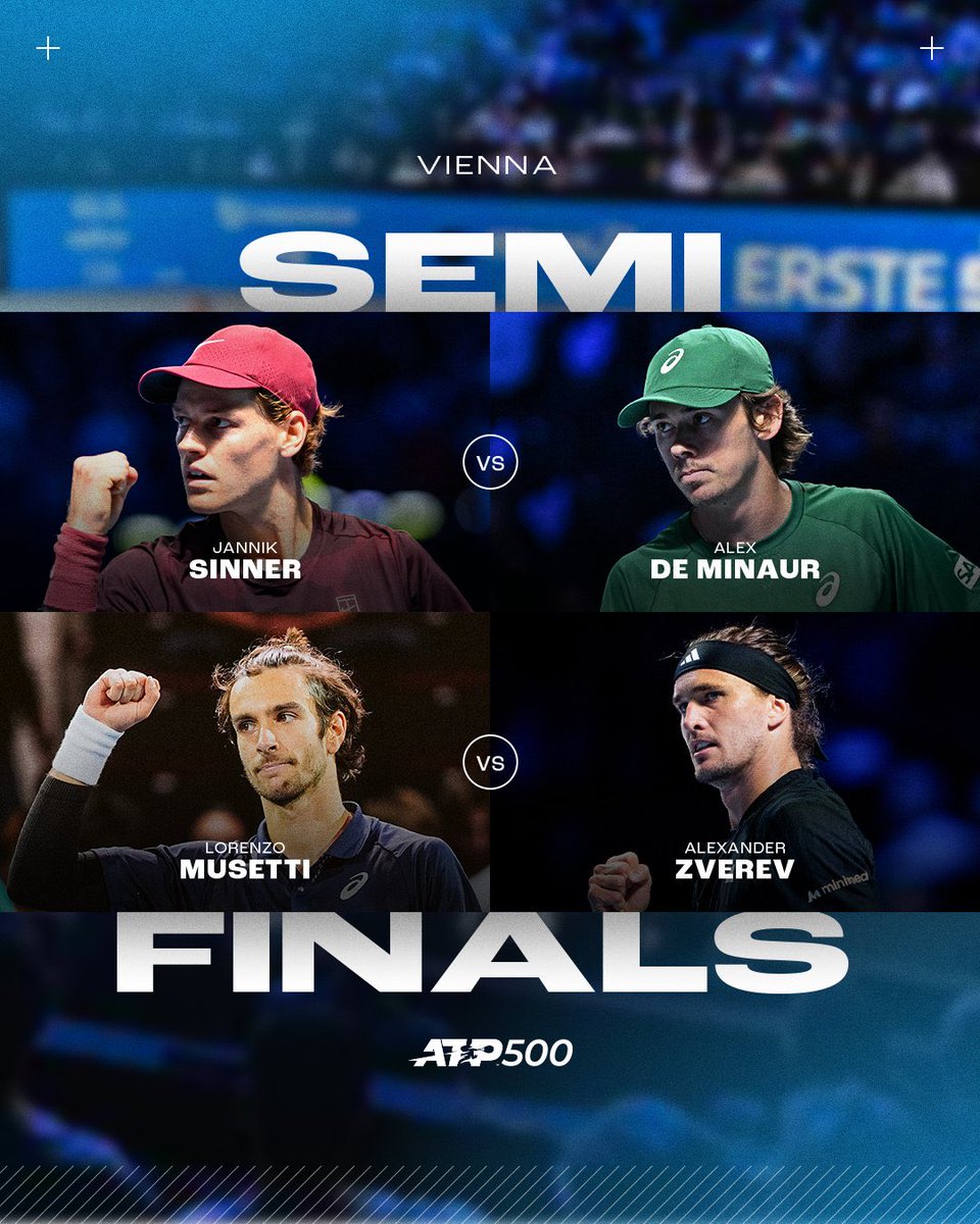 TiebreakClub's tweet photo. 🔥 The semifinals are set in Vienna &amp; Basel! 🎾

Vienna
🇮🇹 Jannik Sinner vs 🇦🇺 Alex de Minaur
🇮🇹 Lorenzo Musetti vs 🇩🇪 Alexander Zverev https://t.co/VhilXvgvDY
