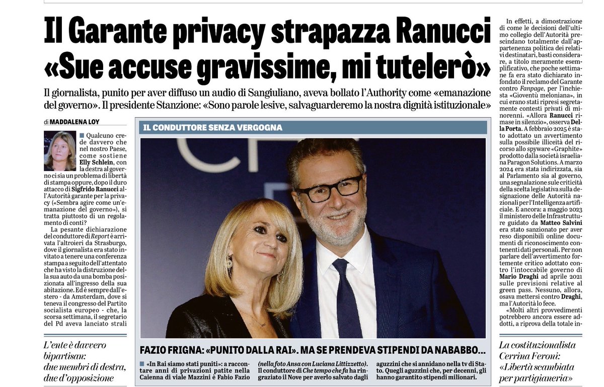 Maddalena Loy (@madforfree) on Twitter photo Schlein da Amsterdam: “Democrazia a rischio”; Ranucci da Strasburgo: “L’Autorità garante per la Privacy sembra agire come un’emanazione del governo”. Sembra ci sia un accordo tra parti affini per erigere un cordone sanitario intorno all’Italia utilizzando palcoscenici Schlein da Amsterdam: “Democrazia a rischio”; Ranucci da Strasburgo: “L’Autorità garante per la Privacy sembra agire come un’emanazione del governo”. Sembra ci sia un accordo tra parti affini per erigere un cordone sanitario intorno all’Italia utilizzando palcoscenici