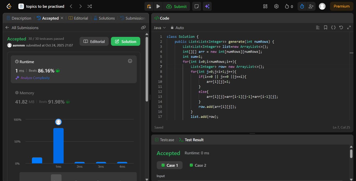 asmiC00's tweet image. DSA Progress:
Solved questions on leetcode:
•118-pascal triangle
•119-pascal triangle II
#Java #dsa #LeetCode