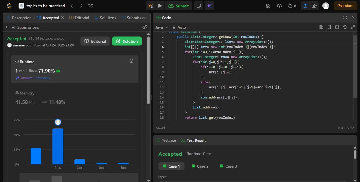 asmiC00's tweet image. DSA Progress:
Solved questions on leetcode:
•118-pascal triangle
•119-pascal triangle II
#Java #dsa #LeetCode