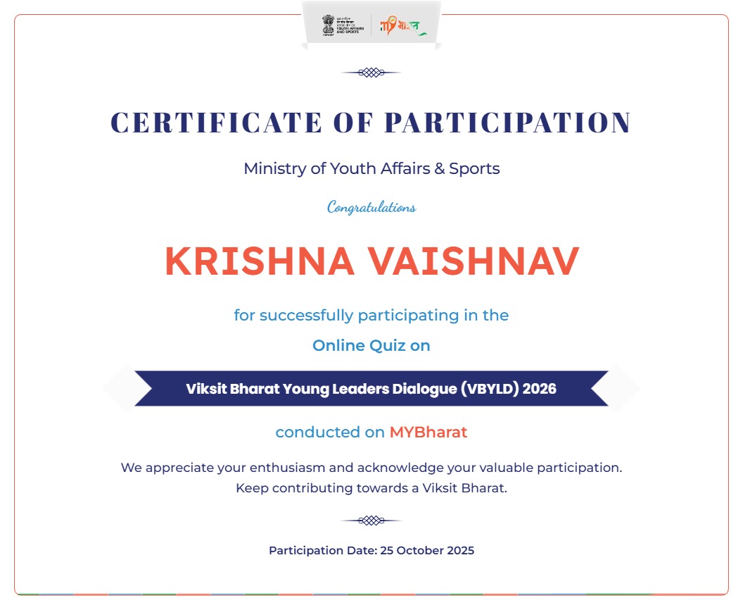 krishna32221720's tweet image. Successfully completed the Viksit Bharat Young Leaders Dialogue (VBYLD) 2026 online quiz, an initiative by the Ministry of Youth Affairs &amp;amp; Sports and MYBharat.

#Viksitbharatyoungleadersdialogue2026 #VBYLD2026 #DevelopmentDialogue #YouthEngagement #Growth #MYBHARAT #BaseerAli