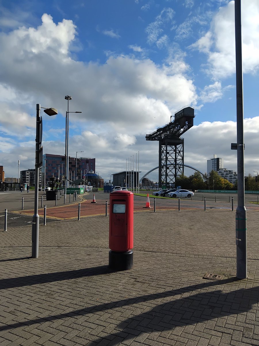 WeePostalMuseum's tweet image. K type pillar box with Scottish cypher at the SEC in Glasgow. 
Finnieston Crane in background. 
#PostboxSaturday