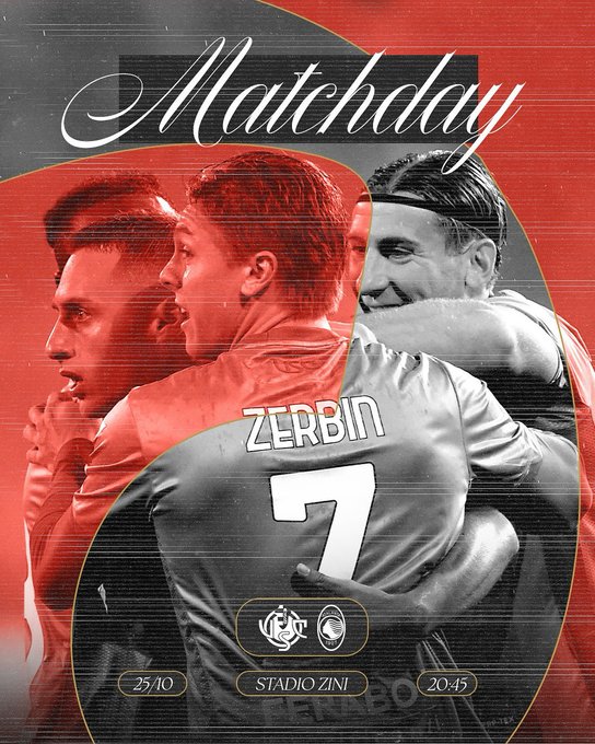 Graphic design with red and gray curved overlays on dark background. Text Matchday in elegant script at top. Three images of player Cristian Zaccagni: profile view smiling left, front view smiling, back view of gray jersey with ZERBIN 7 text. Smiling expressions on face. Bottom text 25/10 STADIO ZINI 20:45. Serie A and team crests at bottom right.
