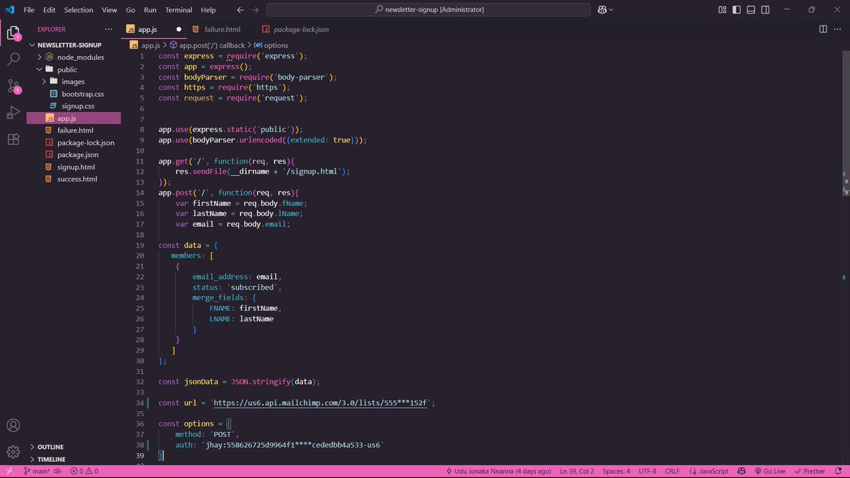 udu_nnanna5969's tweet image. Learning backend with Node.js by the way
This week, I learned how to use APIs and built a Newsletter Signup page using the Mailchimp API and Bootstrap
Users can sign up and get automatically added to my Mailchimp list
#Nodejs #WebDevelopment #JavaScript