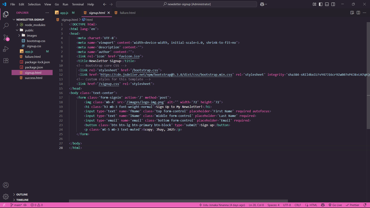 udu_nnanna5969's tweet image. Learning backend with Node.js by the way
This week, I learned how to use APIs and built a Newsletter Signup page using the Mailchimp API and Bootstrap
Users can sign up and get automatically added to my Mailchimp list
#Nodejs #WebDevelopment #JavaScript