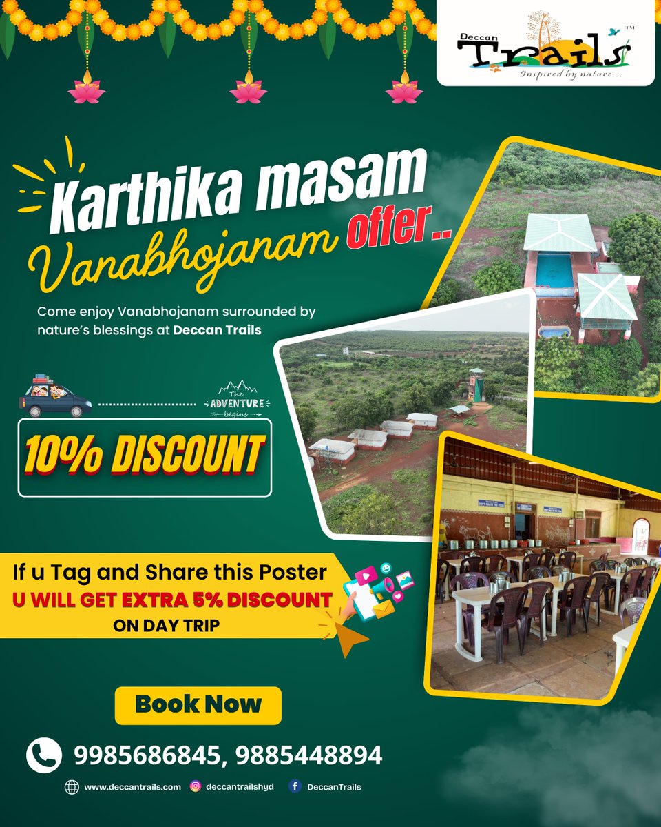 DeccanTrailsHyd's tweet image. 🌼Karthika Masam Vanabhojanam at Deccan Trails! 
✨ Special Offer: Get 10%  Discount

BOOK NOW 👇
📞 Call or WhatsApp at 98854 48894 , 9985686845
🌐 Visit our website: deccantrails.com
📍 Location: Deccan Trails, Vikarabad

#DeccanTrails #KarthikaMasam #Vanabhojanam
