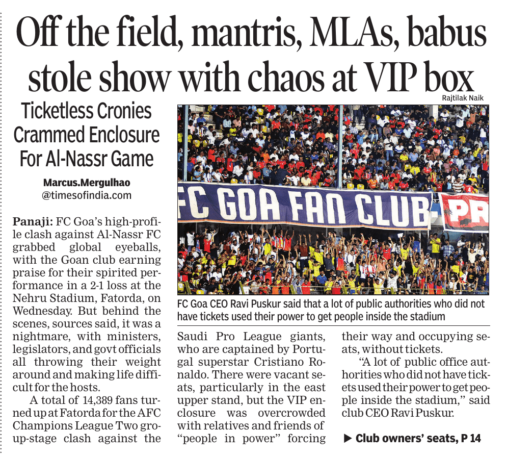 RajeshMenon70's tweet image. No tickets, not even passes...forget football, all that they wanted was to brag that they were at the stadium when FC Goa  played Al Nasr. The biggest football match in Goa was taken over not by the fans, but by ministers, legislators and govt officials who threw their weight…