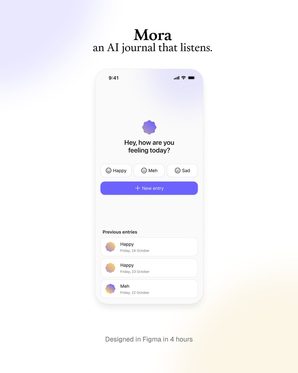 ratchet__tweets's tweet image. Had this idea for an AI journal that understands how you feel.
So I opened Figma and built Mora in 4 hours.
It understands, suggests, and reflects.
Here’s how it looks 👇
#UIDesign #ProductDesign #Figma #AIUX