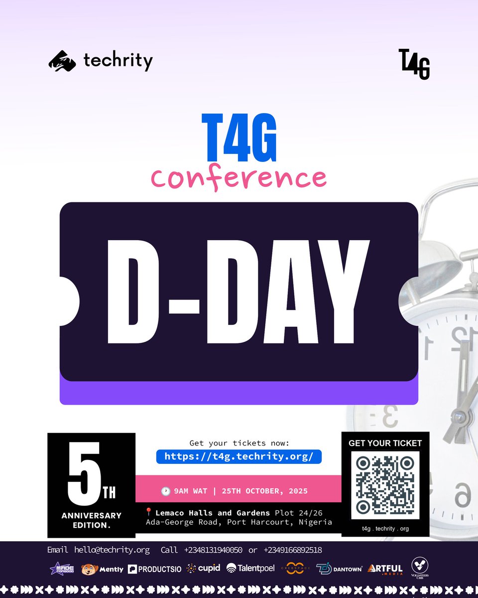 techrityorg's tweet image. D-Day is here!!!!! 🥳🥳
This is not just any other day.  This is the day where changemakers and creative thinkers gather.
So, let’s turn up the energy, Port Harcourt!!! 🔥🔥🔥
#Techrity #TechForGood2025 #Techrity5thAnniversary #AImpactAfrica #AI #Countdown