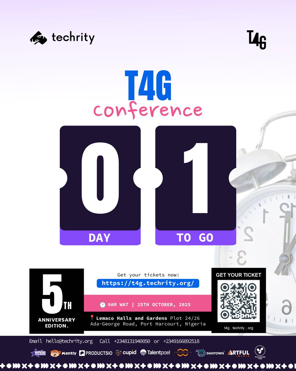 techrityorg's tweet image. D-Day is here!!!!! 🥳🥳
This is not just any other day.  This is the day where changemakers and creative thinkers gather.
So, let’s turn up the energy, Port Harcourt!!! 🔥🔥🔥
#Techrity #TechForGood2025 #Techrity5thAnniversary #AImpactAfrica #AI #Countdown