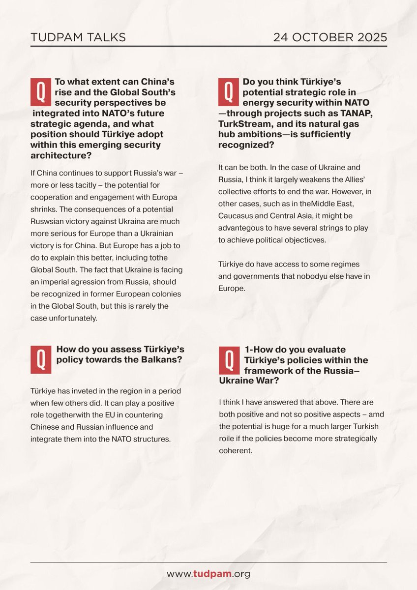 tudpam2023's tweet photo. 🎙️#TUDPAMTalks | Vice President of the Turkish Foreign Policy Research Center (#TUDPAM) Mustafa Metin Kaşlılar conducted an interview with Dr. Karsten Friis, Research Professor at the Norwegian Institute of International Affairs (NUPI), in which they discussed NATO–Türkiye relations, the Russia–Ukraine War, the Balkans, and Türkiye’s role within the framework of the European Union.
The interview represents a significant contribution to understanding Türkiye’s position within the international security architecture.
For details👇
https://t.co/KcSUWCSpDH