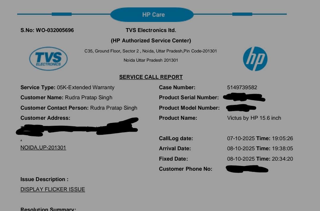 RitikSingh53's tweet image. l Bought an HP Victus on 24-09-25, raised a complaint (ID: 5149739582) on 06-10-25 for manufacturing defect. Despite 50+ calls, no resolution yet! I need a replacement for this defective laptop. @HPSupport @HPIndia #HPCustomerCare #HPVictus