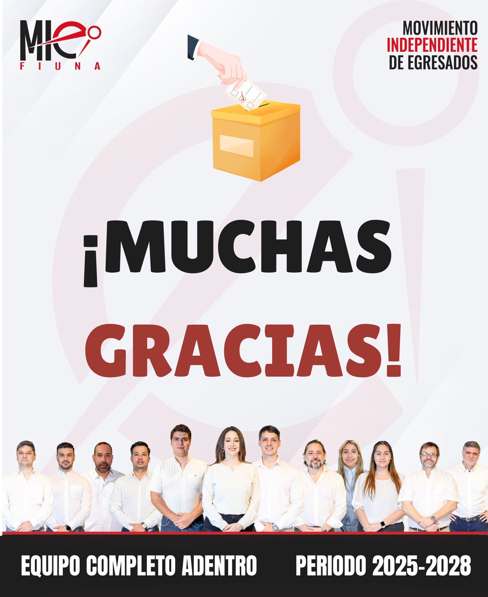 ¡Gracias por tu voto de confianza y por acompañarnos en este proceso!🙌👏

🗳100% de nuestros candidatos electos, dispuestos a seguir trabajando por una FIUNA abierta, independiente y con vision de futuro.

¡Felicidades a todos por esta excelente jornada cívica!