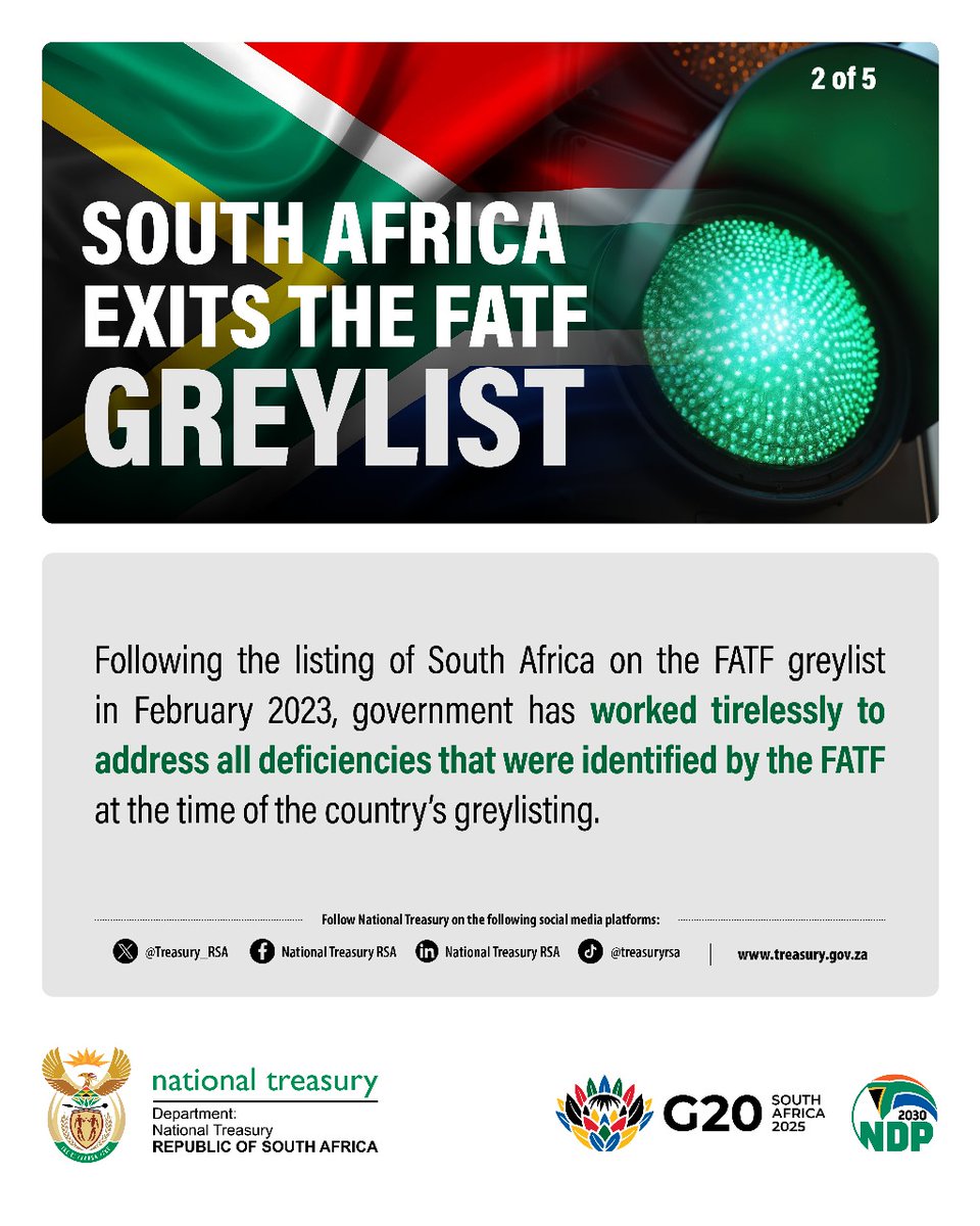 GovernmentZA's tweet photo. The Financial Action Task Force (FATF) today announced that South Africa has exited the FATF Greylist, formally called the list of “Jurisdictions under Increased Monitoring”. 

#GovZAUpdates https://t.co/TX6UkVQUVD