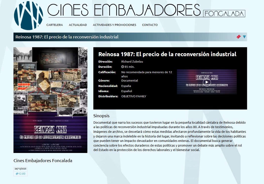 🔥 Mañana en Oviedo
“Reinosa 1987: El precio de la reconversión industrial”
📽️ Cines Embajadores, 12h
🎤 Con coloquio posterior

Una historia real. Un país en transformación.
Un recuerdo que aún late.

🎟️ Entradas a la venta → reservaentradas.com/entrada/oviedo…
#Reinosa1987 #Cine #Oviedo