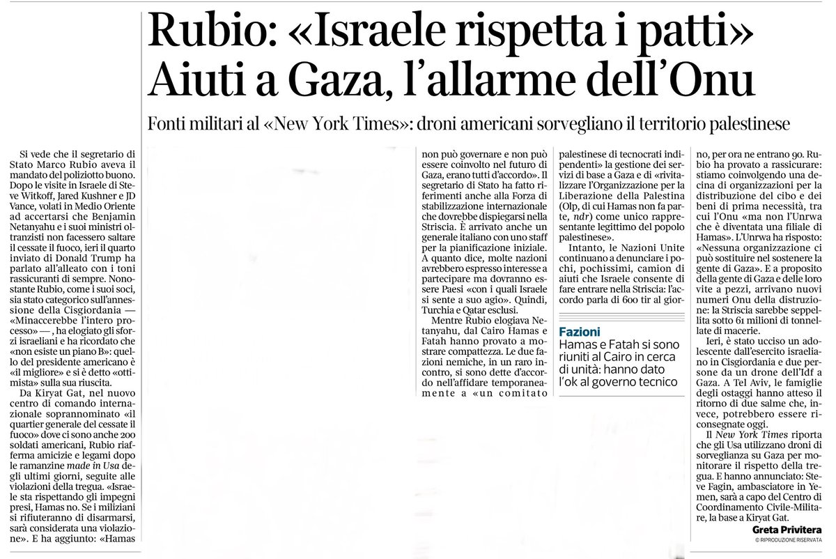 Rubio: “Israele rispetti i patti”
Aiuti a Gaza, l’allarme dell’ONU 
Fonti militari al New York Times: droni americani sorvegliano il territorio palestinese 
<a href="/GretaPrivitera/">greta privitera</a>, <a href="/Corriere/">Corriere della Sera</a>