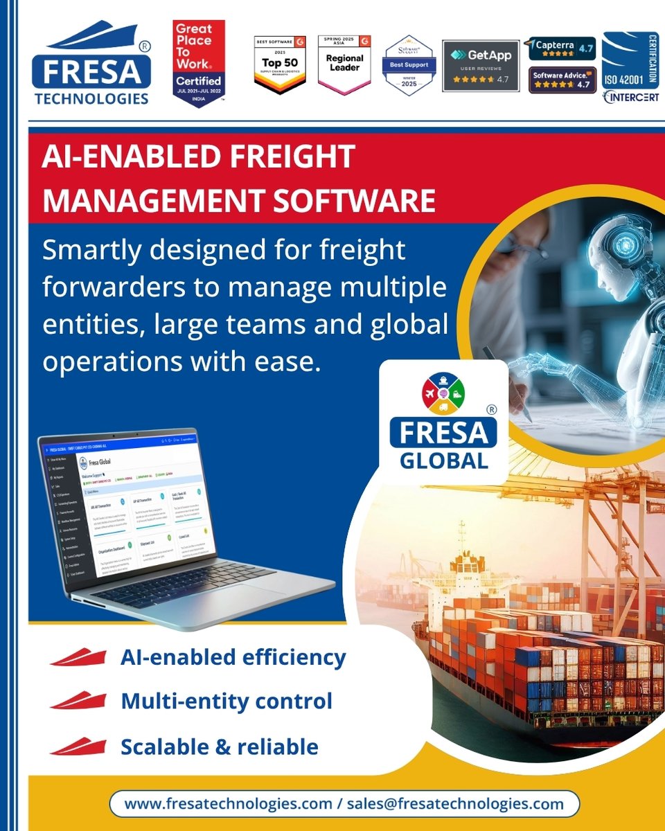fresatechnology's tweet photo. Fresa Global – AI-Enabled Freight Management Software

For more details, visit here 👇  
https://t.co/hDV4sOxmfZ

#FresaGlobalERP #AIPoweredSoftware #FreightForwarding #LogisticsSolutions #SmartLogistics #FreightSoftware #LogisticsInnovation #GlobalShipping #TechDrivenLogistics https://t.co/71pKWz6rXv