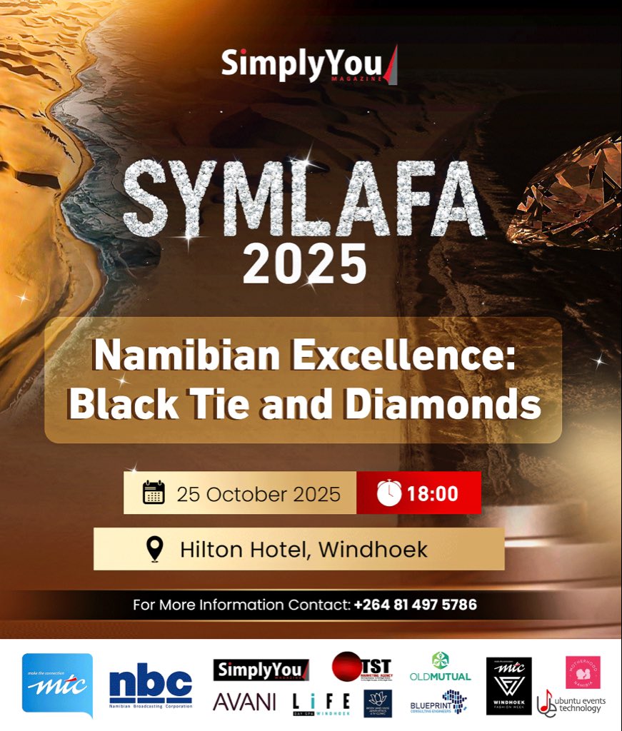Today marks the moment we’ve been waiting for. 💎
It’s not just an event it’s a celebration of Namibian brilliance, elegance, and excellence.
See you at #SYMLAFA2025 — Black Tie &amp; Diamonds, Hilton Hotel. ✨
#WeCelebrateYou #NamibianExcellence